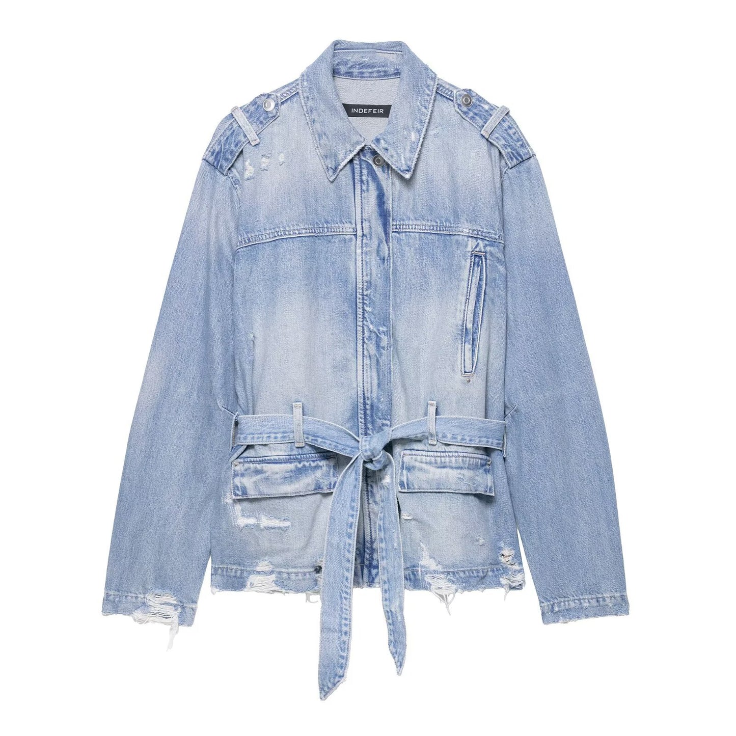 Stand up collar long sleeved distressed denim single breasted jacket for women