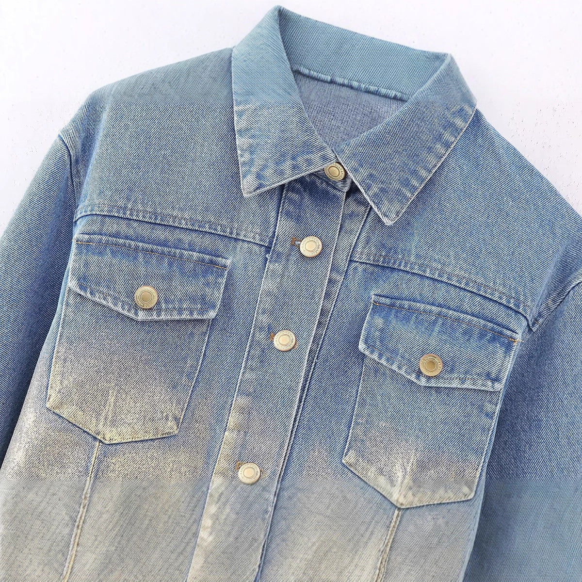 Flip collar washed denim short jacket