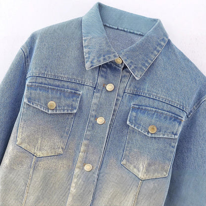 Flip collar washed denim short jacket