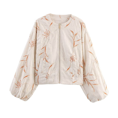 Round neck long sleeved zipper embroidered jacket for women