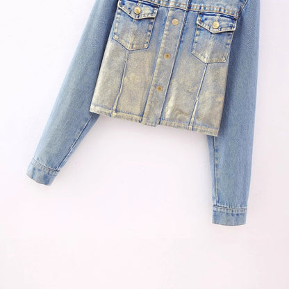 Flip collar washed denim short jacket