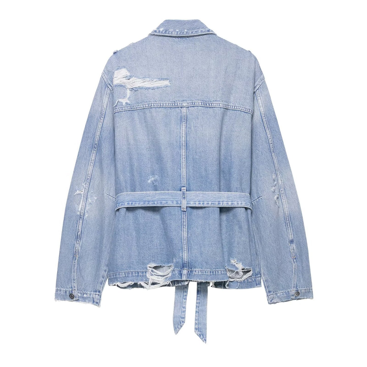 Stand up collar long sleeved distressed denim single breasted jacket for women