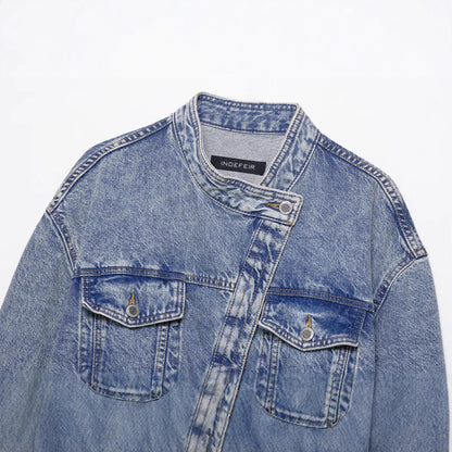 Single breasted long sleeved denim distressed jacket for women