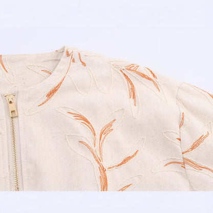 Round neck long sleeved zipper embroidered jacket for women