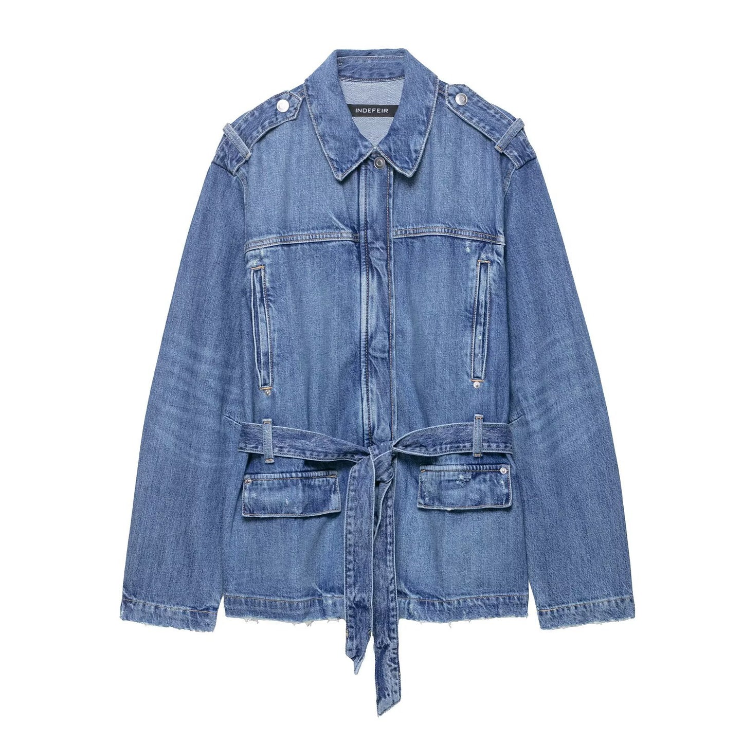 Stand up collar long sleeved distressed denim single breasted jacket for women