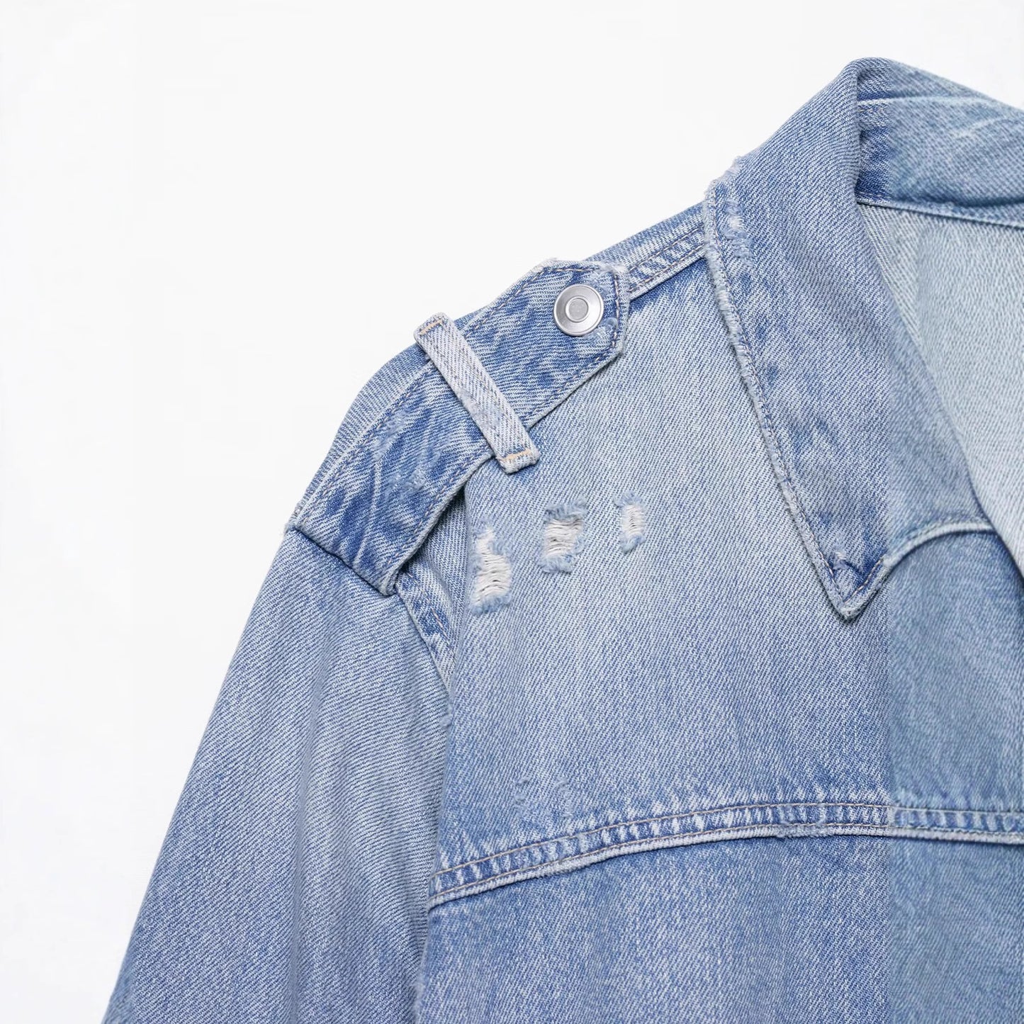 Stand up collar long sleeved distressed denim single breasted jacket for women