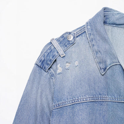 Stand up collar long sleeved distressed denim single breasted jacket for women