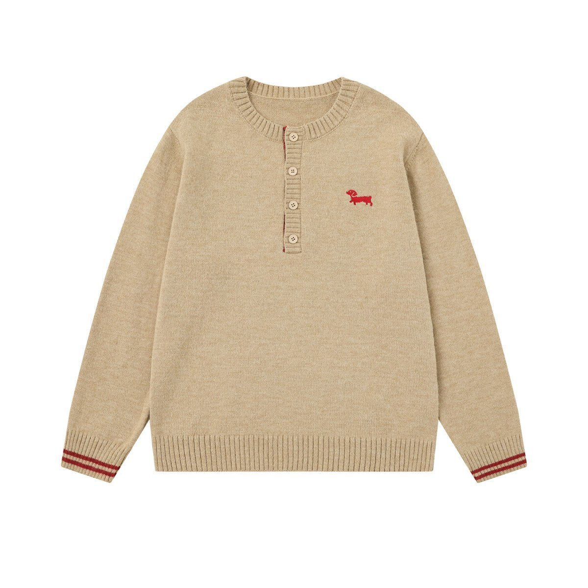 Embroidery Design  Henley Neck  Loose  Knit Sweater