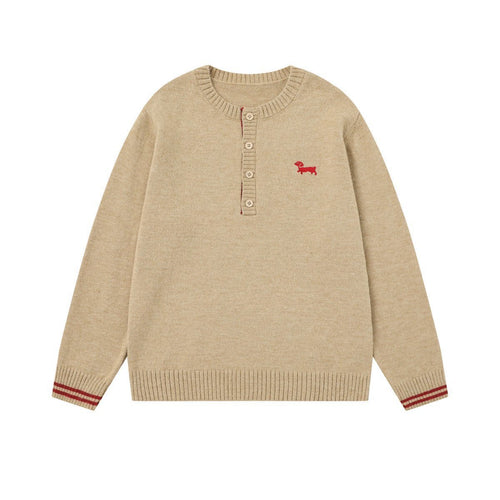 Embroidery Design  Henley Neck  Loose  Knit Sweater