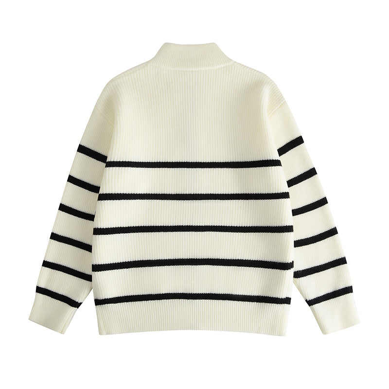 Loose Knit Cardigan with Stripe Pattern Stand-Up Collar,Zipper Closure