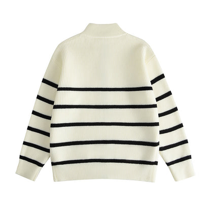 Loose Knit Cardigan with Stripe Pattern Stand-Up Collar,Zipper Closure