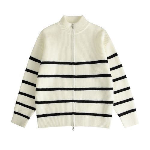Loose Knit Cardigan with Stripe Pattern Stand-Up Collar,Zipper Closure