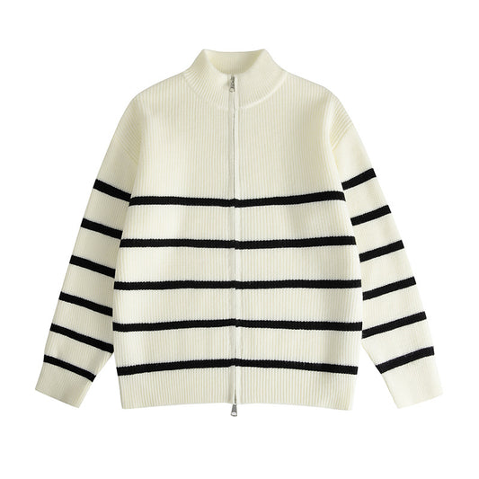 Loose Knit Cardigan with Stripe Pattern Stand-Up Collar,Zipper Closure