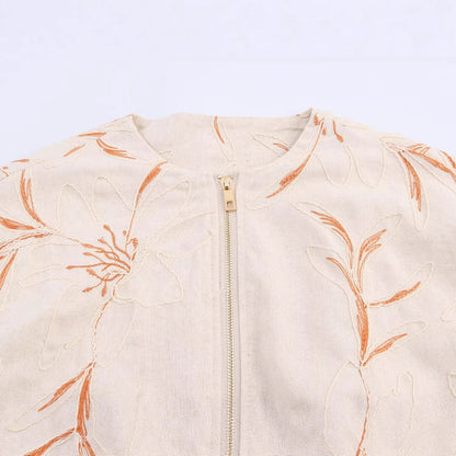 Round neck long sleeved zipper embroidered jacket for women