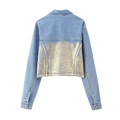 Flip collar washed denim short jacket