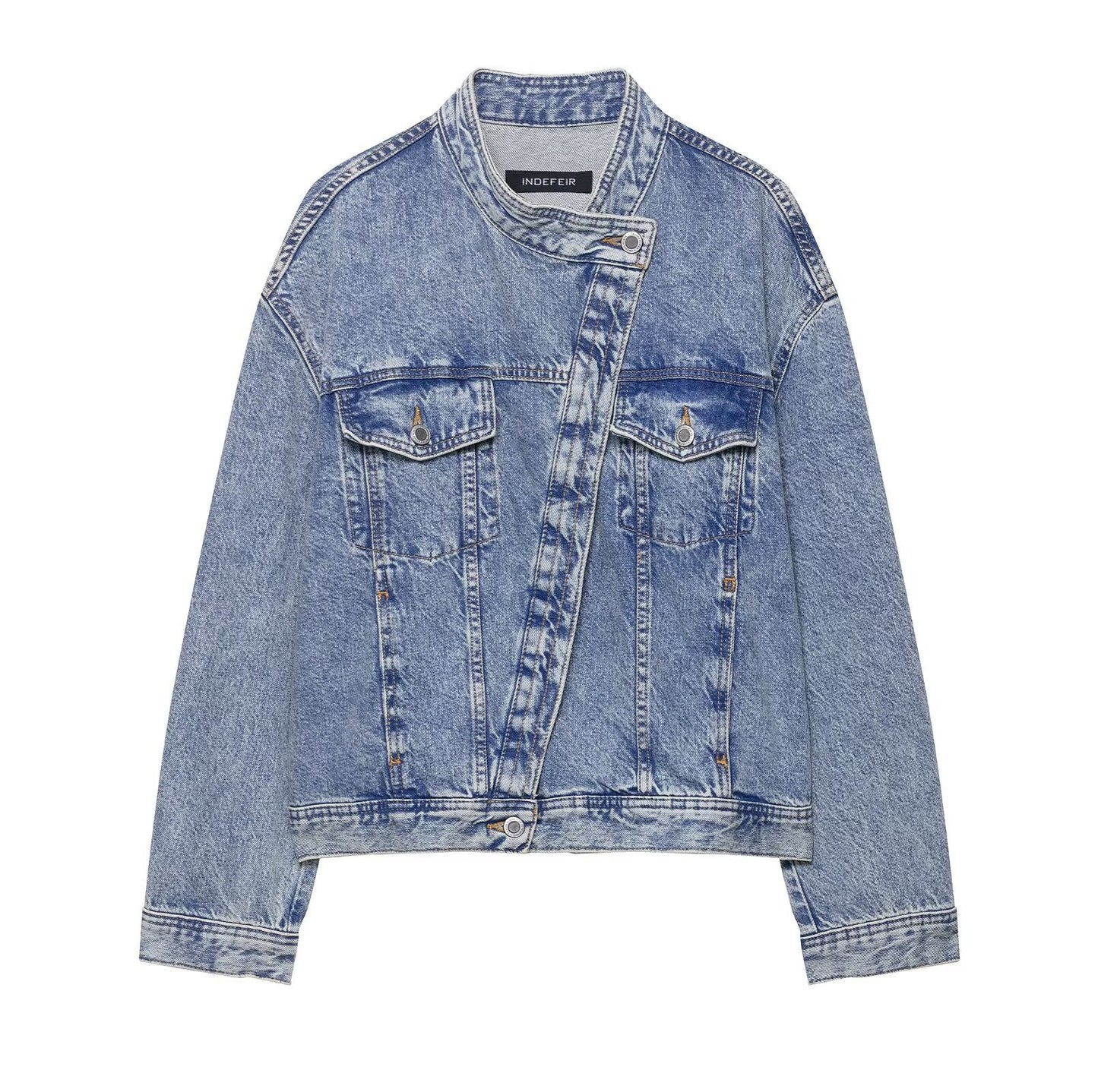 Single breasted long sleeved denim distressed jacket for women