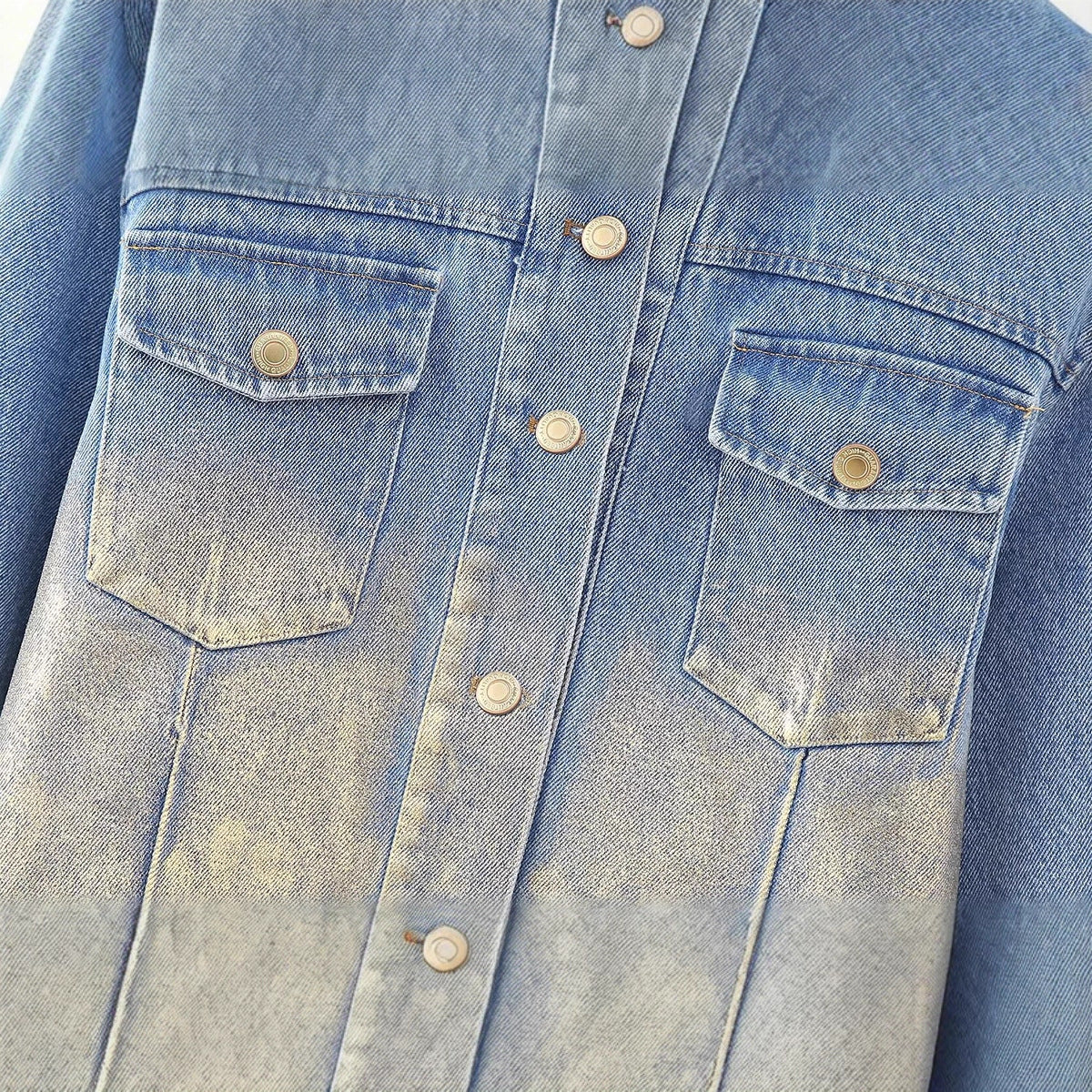 Flip collar washed denim short jacket