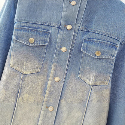 Flip collar washed denim short jacket