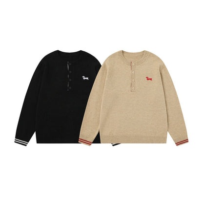 Embroidery Design  Henley Neck  Loose  Knit Sweater