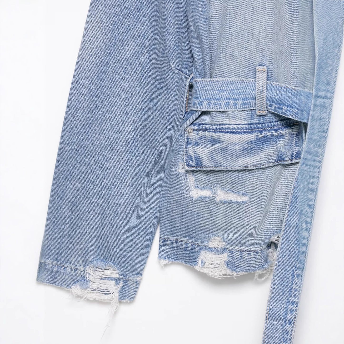 Stand up collar long sleeved distressed denim single breasted jacket for women