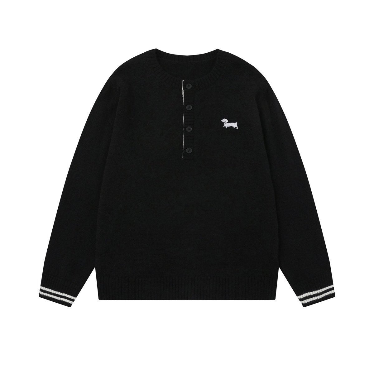 Embroidery Design  Henley Neck  Loose  Knit Sweater