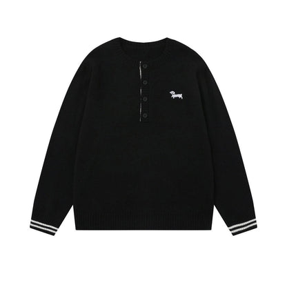 Embroidery Design  Henley Neck  Loose  Knit Sweater