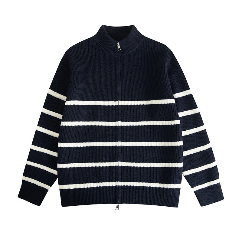 Loose Knit Cardigan with Stripe Pattern Stand-Up Collar,Zipper Closure