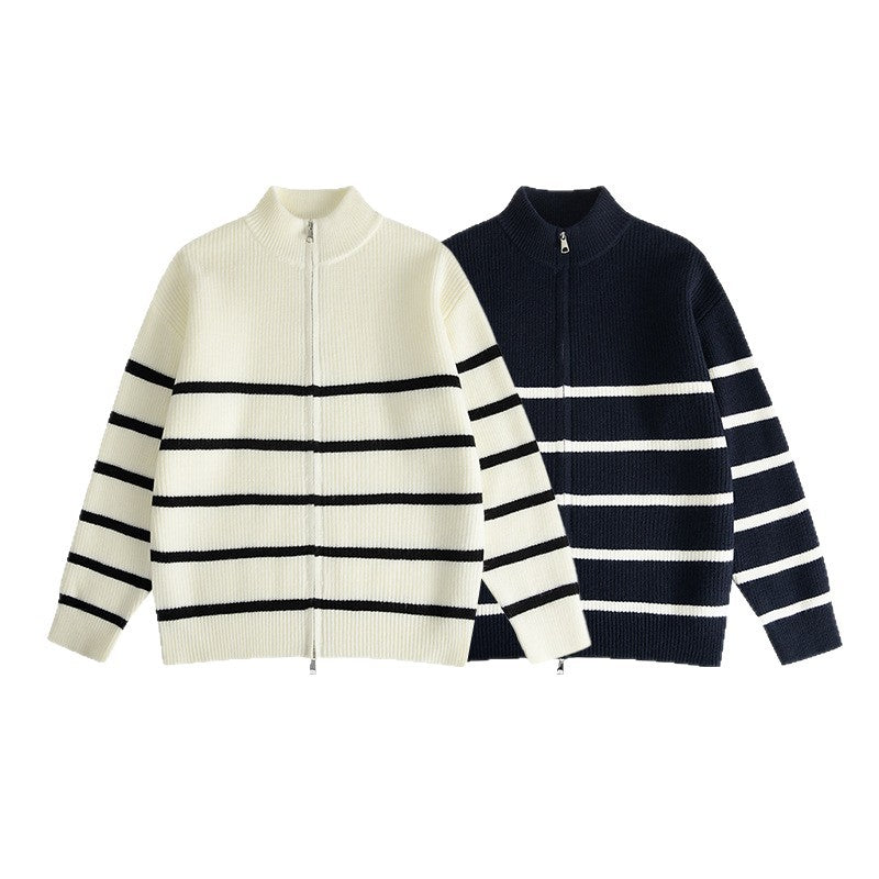 Loose Knit Cardigan with Stripe Pattern Stand-Up Collar,Zipper Closure