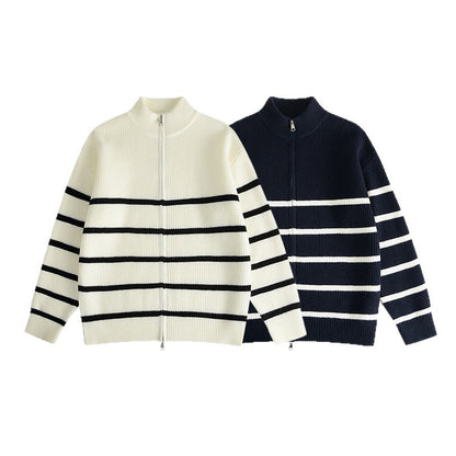 Loose Knit Cardigan with Stripe Pattern Stand-Up Collar,Zipper Closure