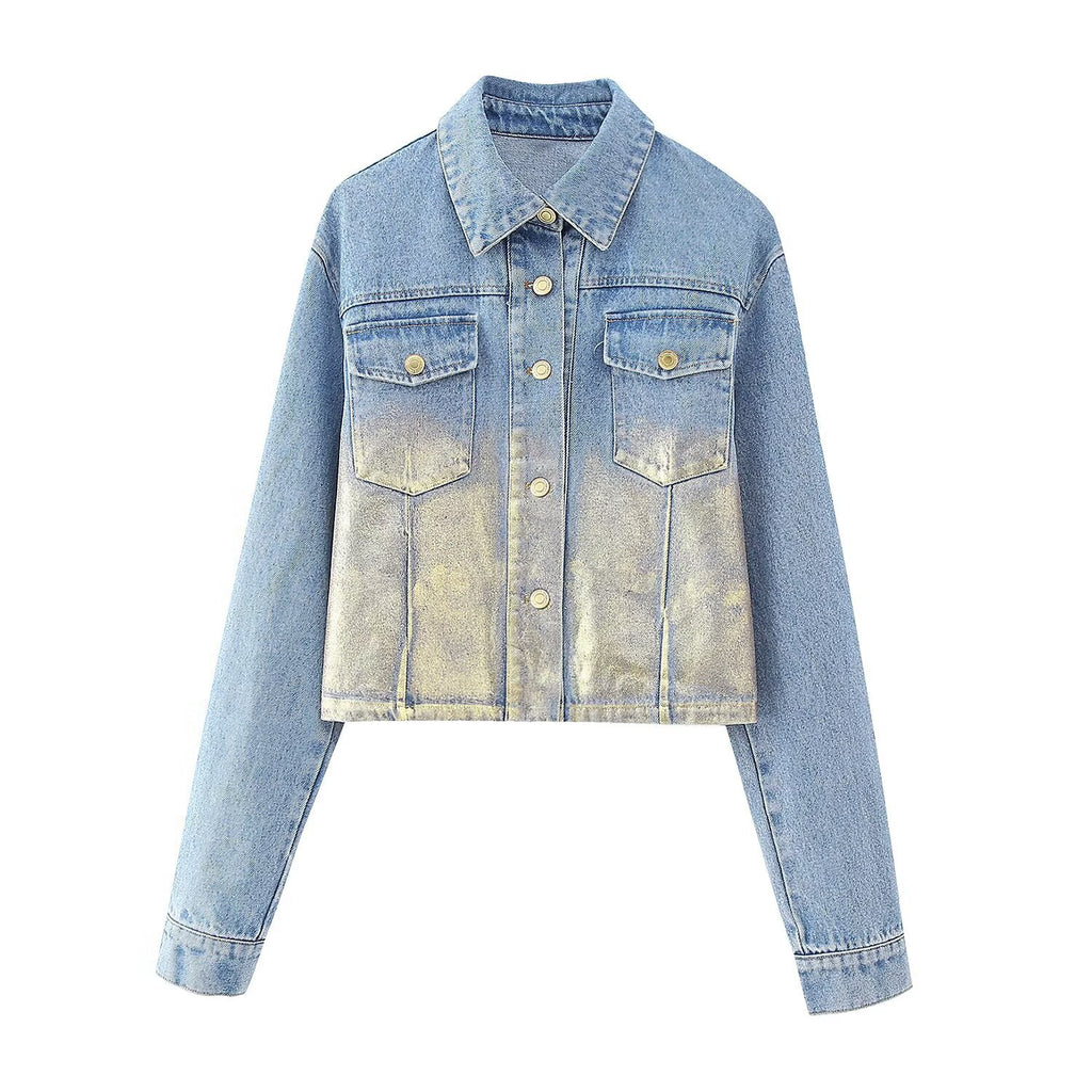 Flip collar washed denim short jacket