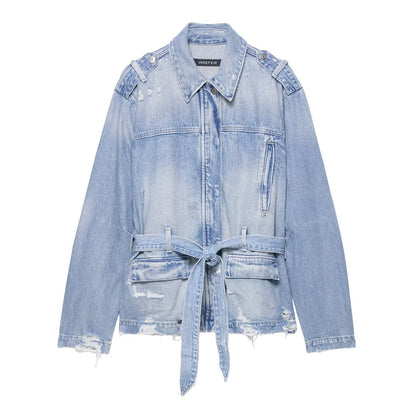 Stand up collar long sleeved distressed denim single breasted jacket for women