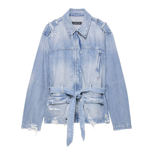 Stand up collar long sleeved distressed denim single breasted jacket for women